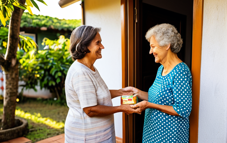 A compassionate, middle-aged woman in modest, comfortable casual wear, gently handing a small, wrapped food container to an elderly woman in a warm, modest house dress, standing by the front door of a cozy house in a Brazilian neighborhood. The elderly woman is smiling warmly. Sunlight filters through nearby trees. Professional photography, soft natural light, vibrant colors, shallow depth of field, warm atmosphere. perfect anatomy, correct proportions, natural pose, well-formed hands, proper finger count, natural body proportions, safe for work, appropriate content, fully clothed, modest clothing, family-friendly.