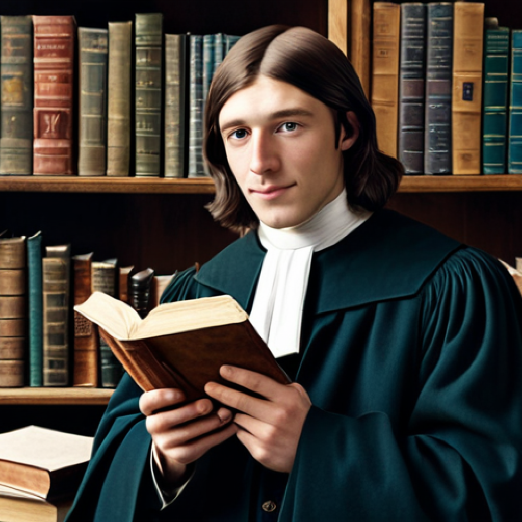 John Wesley as a Young Man**

"A young John Wesley, perhaps in his early 20s, in Oxford, wearing modest, historically accurate academic attire, surrounded by books and papers.  The setting should be a library or study. Perfect anatomy, correct proportions, natural pose. Safe for work, appropriate content, fully clothed, professional, modest. High quality, detailed, well-formed hands, proper finger count, natural body proportions."

**