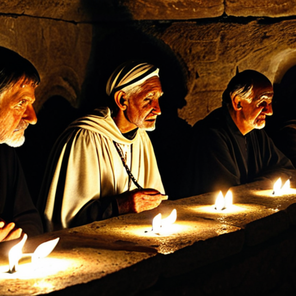 기독교 국가별 전파 과정 - **Prompt:** A clandestine gathering of early Christians in the dimly lit catacombs of Rome. The scen...