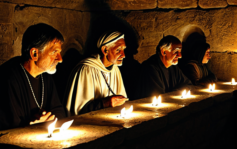 기독교 국가별 전파 과정 - **Prompt:** A clandestine gathering of early Christians in the dimly lit catacombs of Rome. The scen...