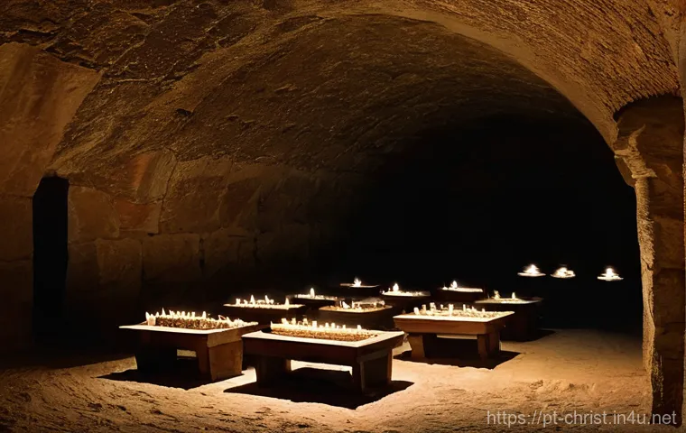 로마제국과 기독교 - A Secret Gathering in the Catacombs**
A diverse group of early Christians, including men, women, and...