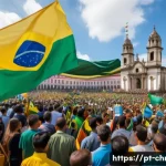 Home 21 기독교와 정치 이슈 - A vibrant political rally scene in Brazil featuring diverse Christian communities—Catholic and Evang...