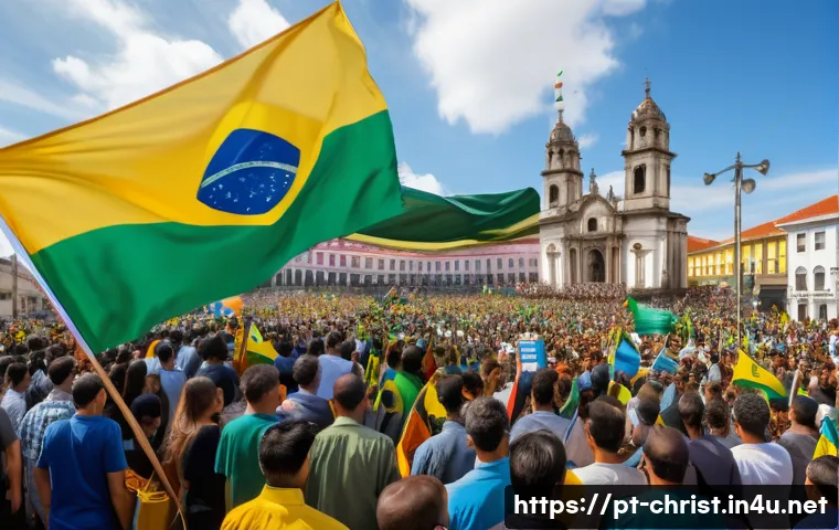기독교와 정치 이슈 - A vibrant political rally scene in Brazil featuring diverse Christian communities—Catholic and Evang...