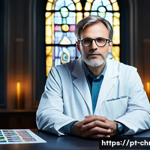 Home 33 기독교와 유전자 조작 - A thoughtful Christian scientist in a modern laboratory, gently holding a DNA double helix model, wi...