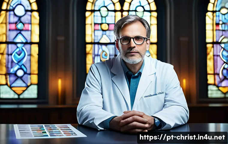 기독교와 유전자 조작 - A thoughtful Christian scientist in a modern laboratory, gently holding a DNA double helix model, wi...