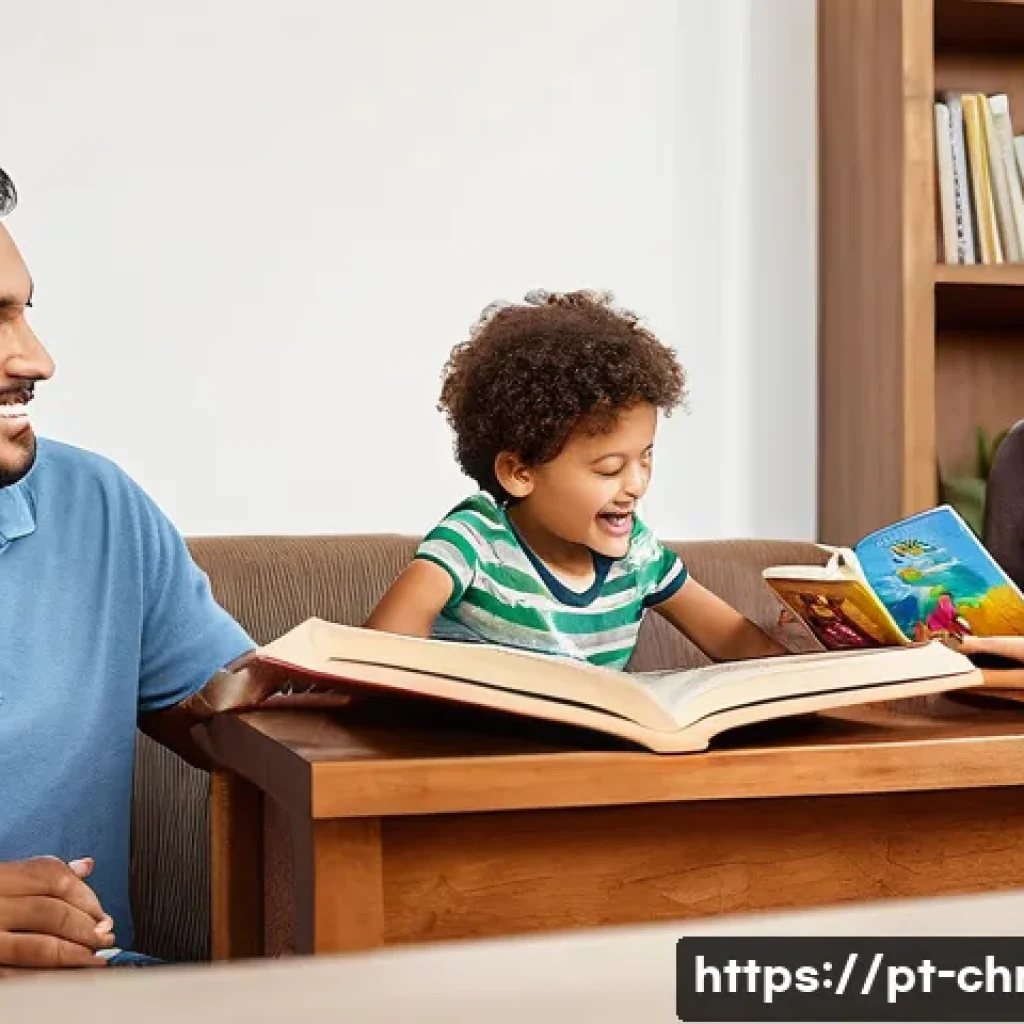 기독교 어린이 교육 - A warm and inviting family scene in a modern Brazilian living room, featuring parents and children a...