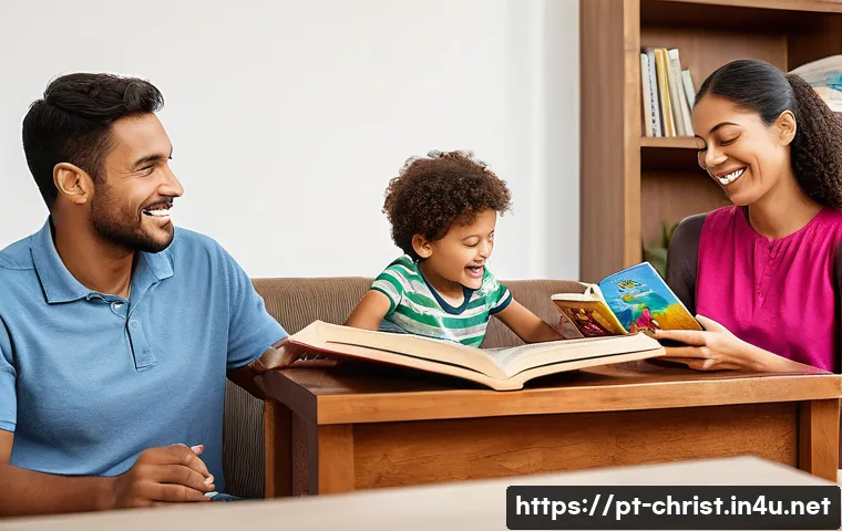 기독교 어린이 교육 - A warm and inviting family scene in a modern Brazilian living room, featuring parents and children a...