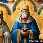 Home 19 삼위일체의 교리적 배경 - A majestic and serene depiction of the Holy Trinity as three distinct divine figures in harmonious u...