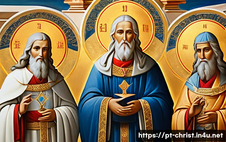 삼위일체의 교리적 배경 - A majestic and serene depiction of the Holy Trinity as three distinct divine figures in harmonious u...