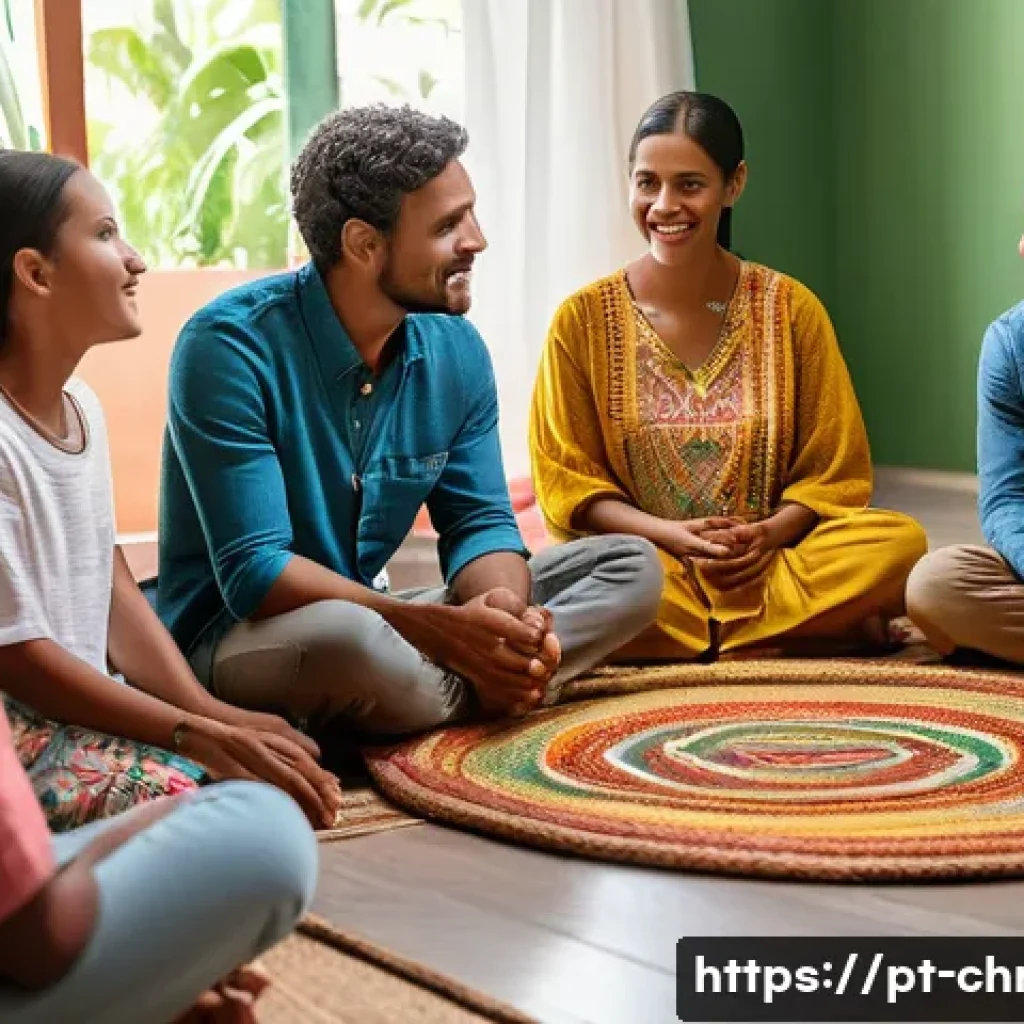 기독교와 가족 치료 - A warm and serene family therapy session in a cozy living room in Brazil, featuring a diverse Brazil...