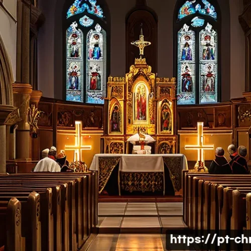 Home 17 가톨릭과 개신교의 차이 - A detailed scene inside a traditional Catholic church during Mass, showcasing the formal liturgy wit...