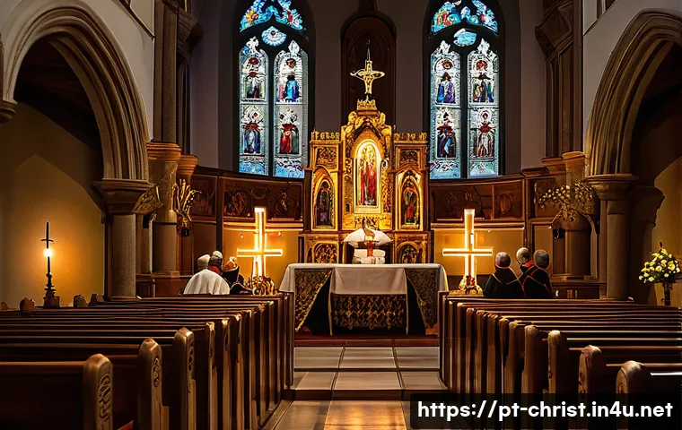 가톨릭과 개신교의 차이 - A detailed scene inside a traditional Catholic church during Mass, showcasing the formal liturgy wit...