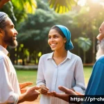 기독교와 세계 평화 - A diverse group of people from different ethnicities and religions engaging in an outdoor interfaith...
