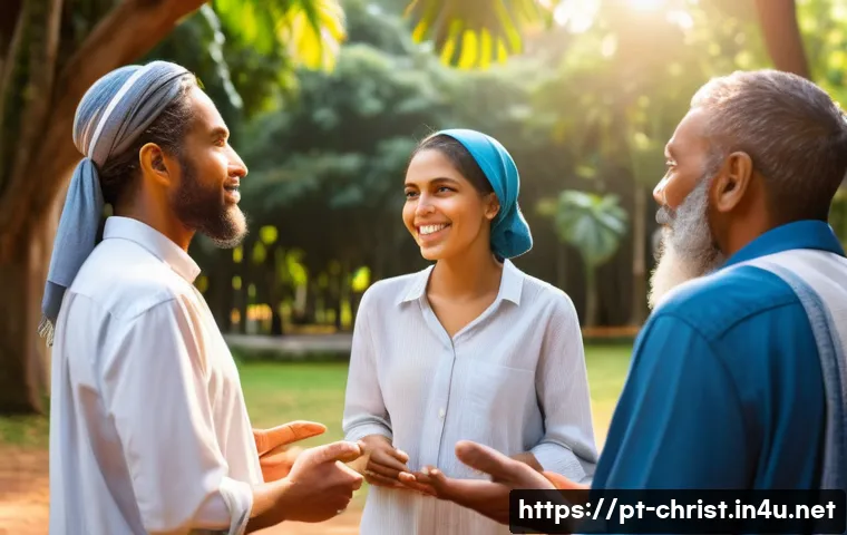 기독교와 세계 평화 - A diverse group of people from different ethnicities and religions engaging in an outdoor interfaith...