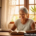 기독교와 기쁨의 영성 - A serene, sunlit morning scene in a cozy Brazilian home kitchen where a middle-aged woman is peacefu...