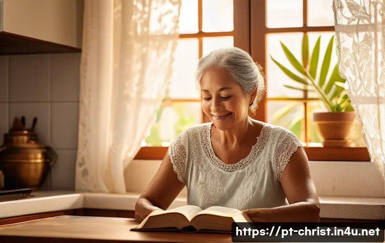 기독교와 기쁨의 영성 - A serene, sunlit morning scene in a cozy Brazilian home kitchen where a middle-aged woman is peacefu...