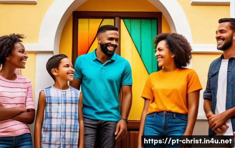 기독교의 세계관 - A serene community church gathering in a vibrant Brazilian neighborhood during daytime, diverse grou...