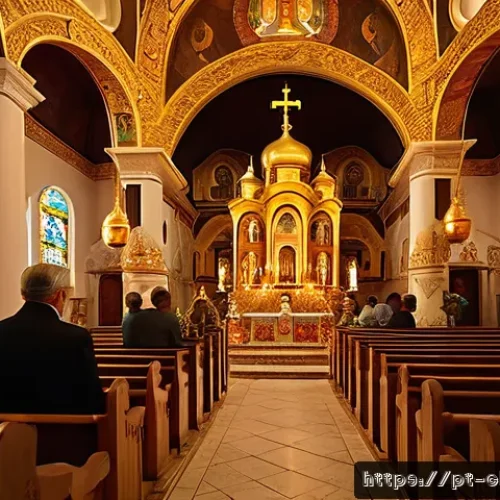 정교회 역사와 특징 - A richly decorated Orthodox church interior during a liturgical ceremony, featuring golden domes and...