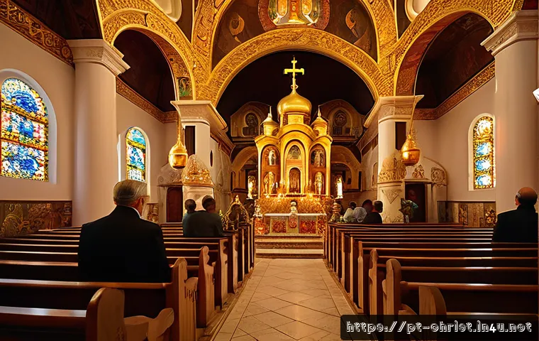 정교회 역사와 특징 - A richly decorated Orthodox church interior during a liturgical ceremony, featuring golden domes and...