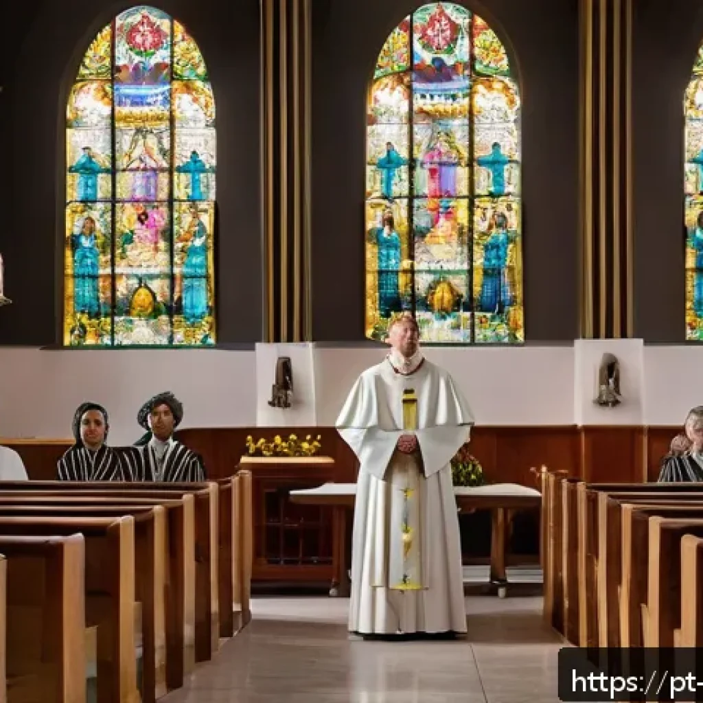 기독교와 예배 형식 - A traditional Brazilian Catholic church interior during a solemn mass, featuring a diverse congregat...
