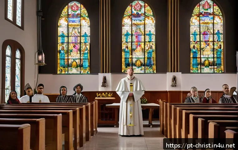 기독교와 예배 형식 - A traditional Brazilian Catholic church interior during a solemn mass, featuring a diverse congregat...