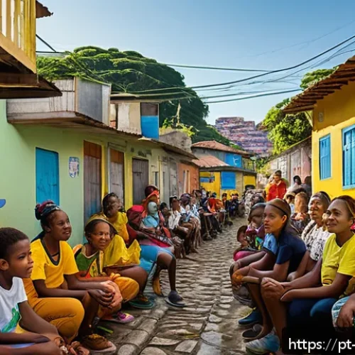 Home 33 기독교와 사회복지 - A warm and vibrant community gathering in a Brazilian favela setting, showing diverse people of all ...