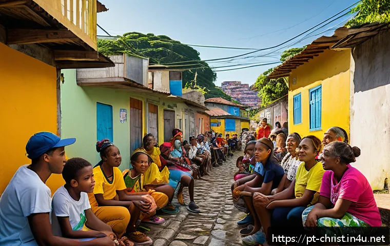 기독교와 사회복지 - A warm and vibrant community gathering in a Brazilian favela setting, showing diverse people of all ...