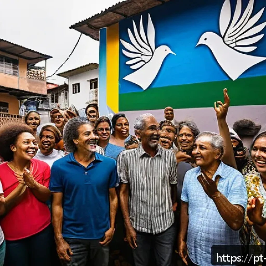기독교와 평화운동 - A vibrant community meeting in a Brazilian favela, with diverse people of all ages gathered in an op...