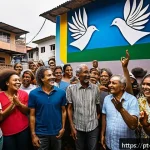 Home 20 기독교와 평화운동 - A vibrant community meeting in a Brazilian favela, with diverse people of all ages gathered in an op...