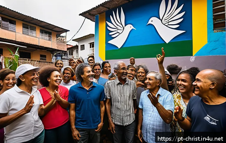 기독교와 평화운동 - A vibrant community meeting in a Brazilian favela, with diverse people of all ages gathered in an op...