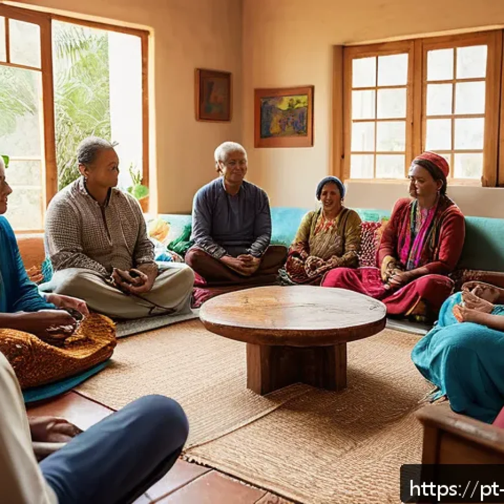 기독교와 영적 회복 - A serene and warm indoor scene depicting a diverse group of adults engaged in a spiritual community ...