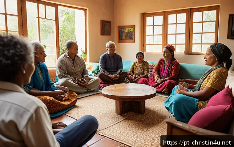 기독교와 영적 회복 - A serene and warm indoor scene depicting a diverse group of adults engaged in a spiritual community ...