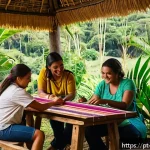 Home 23 기독교 선교사의 역할 - A vibrant community workshop scene in a rural Brazilian village where diverse young people, wearing ...