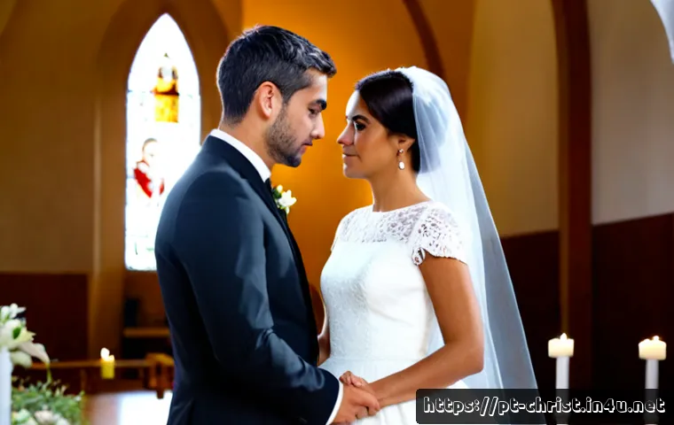 기독교 결혼식의 의미 - Photorealistic Christian wedding ceremony in a luminous Portuguese Catholic church, bride in an eleg...