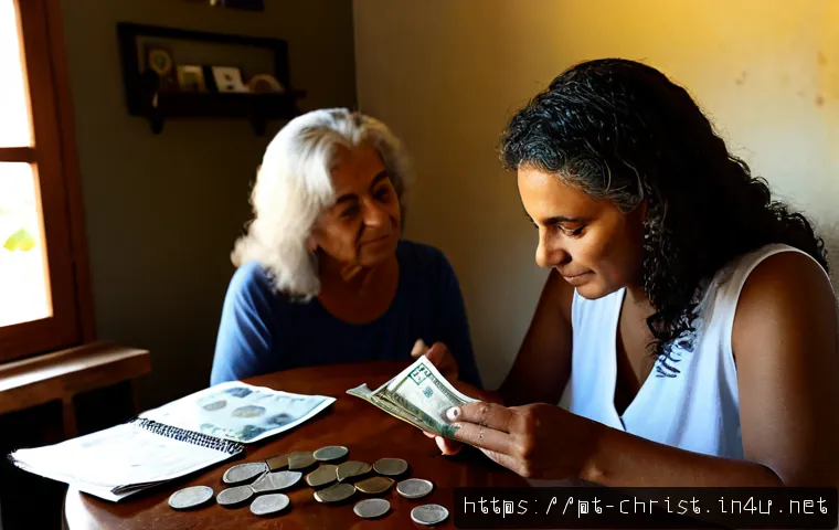 Home 17 기독교와 경제 문제 - Photorealistic Brazilian Christian family at a modest kitchen table reviewing household expenses, Br...